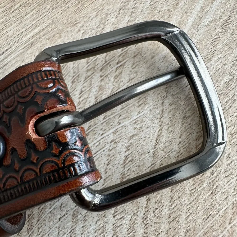 Vintage USA Made Genuine Leather Brown Tooled Belt 44